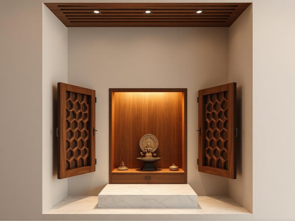 Pooja unit with carved wooden jaali doors and marble platform